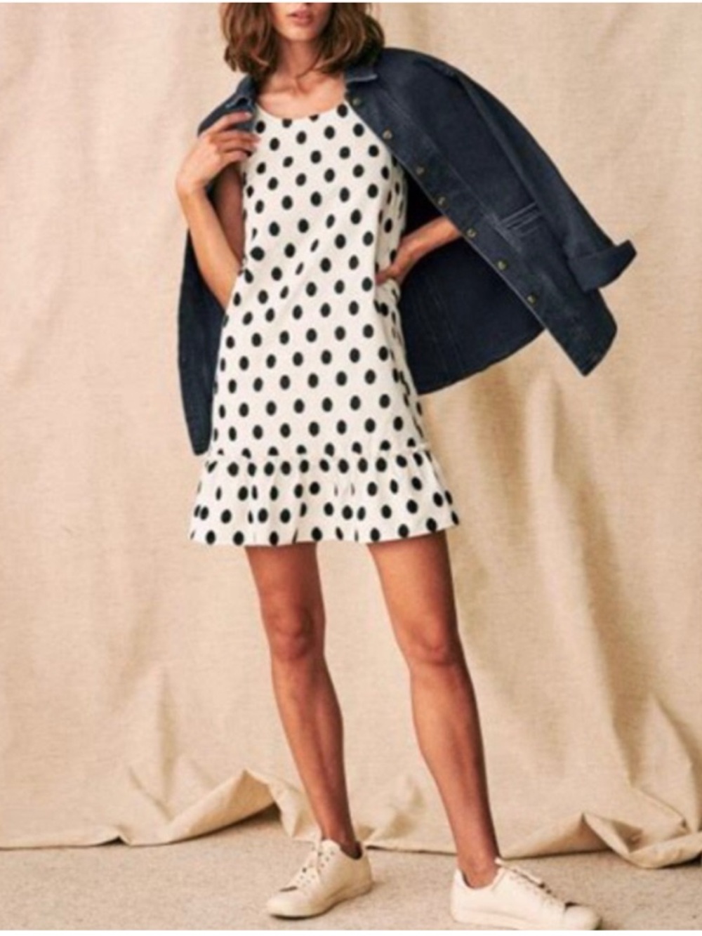Sezane Mathilde Black White Sleeveless Polka Dot Ruffle Hem Dress Size 34
